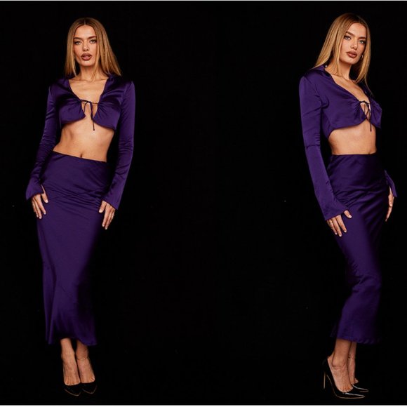 HOUSE OF CB 'Colette' Grape Satin Low Waist Midi Skirt - Picture 5 of 10